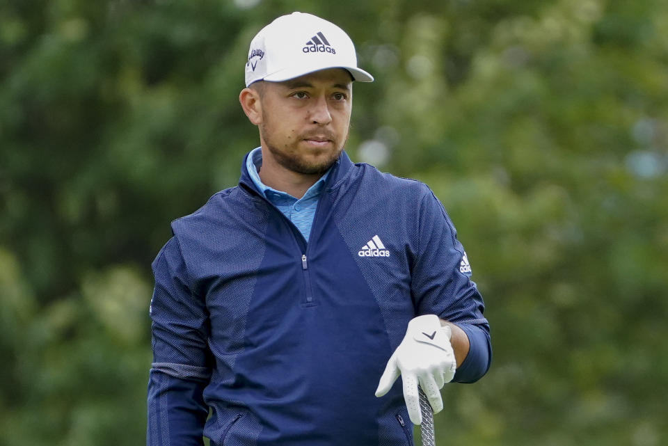 Xander Schauffele, of the United States, waits to hit on the sixth tee during the second round of the US Open Golf Championship, Friday, Sept. 18, 2020, in Mamaroneck, N.Y. (AP Photo/John Minchillo)