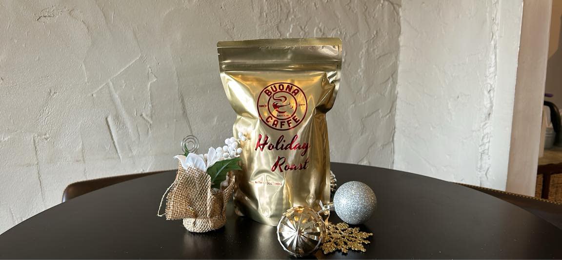 A bag of Holiday Roast blend coffee from Buona Caffe Artisan Roasted Coffee in Augusta.