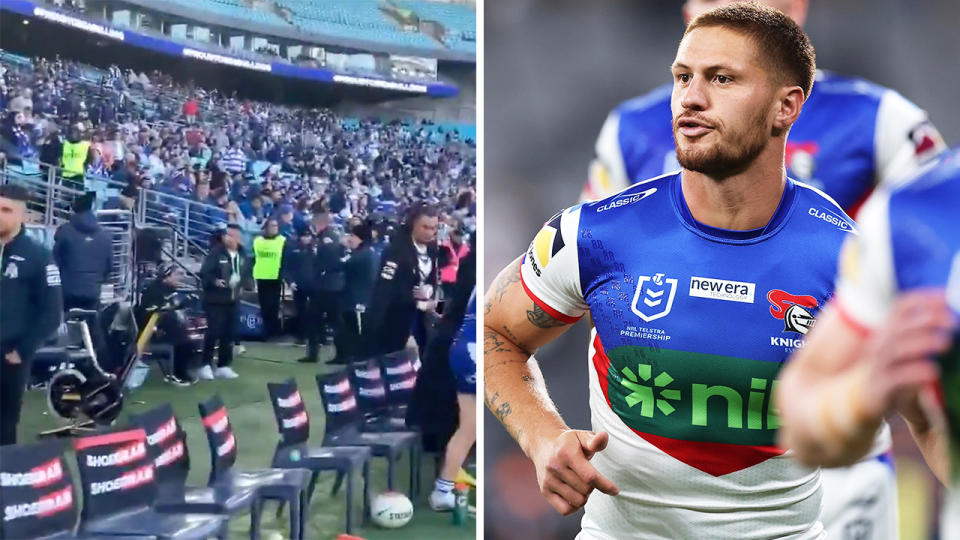 Bulldogs fans boo their team and Kalyn Ponga runs.