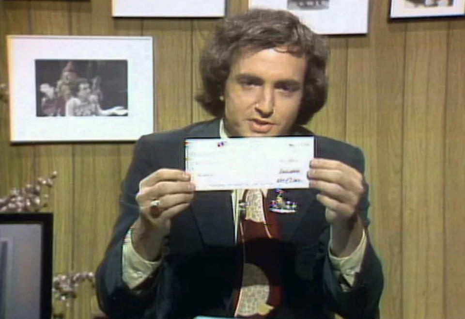 In this screenshot from 1976, "Saturday Night Live" producer Lorne Michaels offers The Beatles $3,000 to reunite on the show.