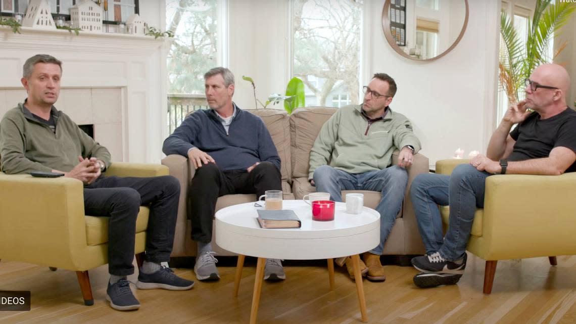 Former International House of Prayer-Kansas City leaders (from left) Jono Hall, Allen Hood, Wes Martin and Dwayne Roberts are seen in a video recently released by the group. The video showed the former leaders discussing sex abuse allegations against IHOPKC founder Mike Bickle.