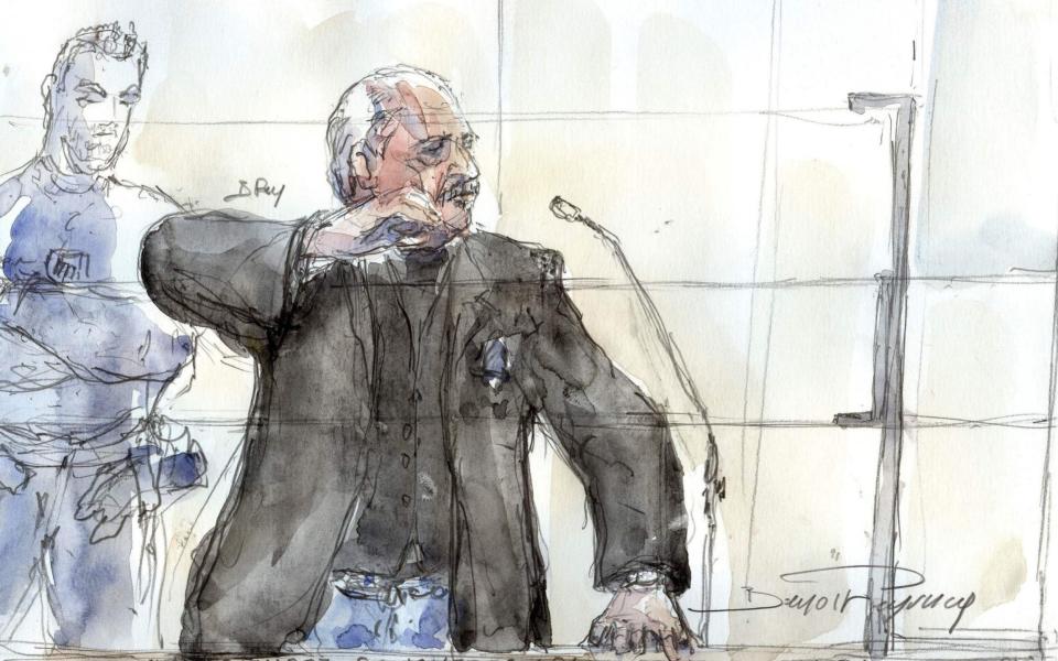 A courtroom sketch created on Tuesday shows Venezualian criminal Ilich Ramirez Sanchez, aka Carlos the Jackal during his trial for the deadly bombing more than 40 years ago - Credit: AFP