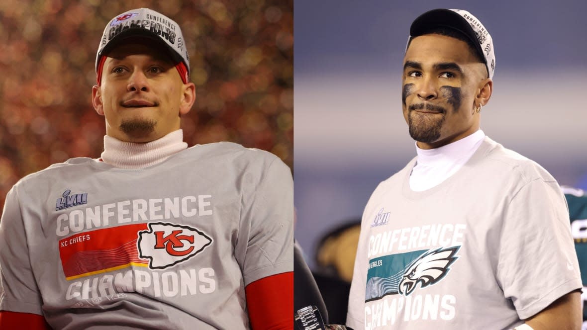 (L-R) Kansas City Chiefs quarterback Patrick Mahomes II and Philadelphia Eagles quarterback Jalen Hurts will make history on Sunday during Super Bowl LVII. For the first time in the history of the NFL championship game, the two opposing teams will have African Americans as the starting quarterbacks. (Photo by Tim Nwachukwu/Getty Images)