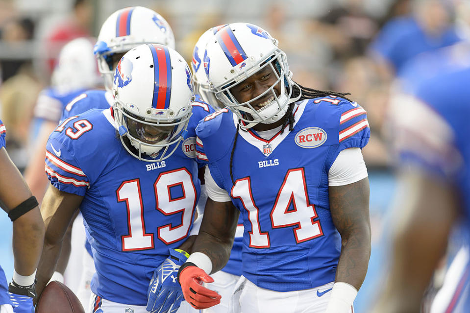 Wide receiver Mike Williams #19 and wide receiver Sammy Watkins #14 of the Buffalo Bills talks prior to the game against against the New York Giants at the 2014 NFL Hall of Fame Game at Fawcett Stadium on August 3, 2014 in Canton, Ohio. (Photo by Jason Miller/Getty Images)