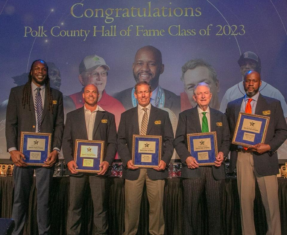 Polk County Hall of Fame Class of 2023 featured Chris Richard, left, Steve Pearce, Jeff Sikes, Barney Barnett and Terrence McGriff.