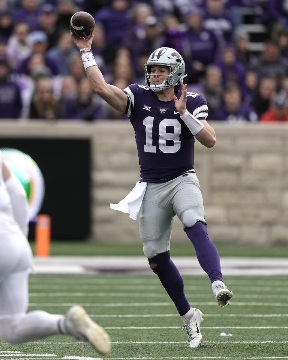 Kansas State quarterback Will Howard passes during the first half of an NCAA college football game against Baylor Saturday, Nov. 11, 2023, in Manhattan, Kan. (AP Photo/Charlie Riedel)