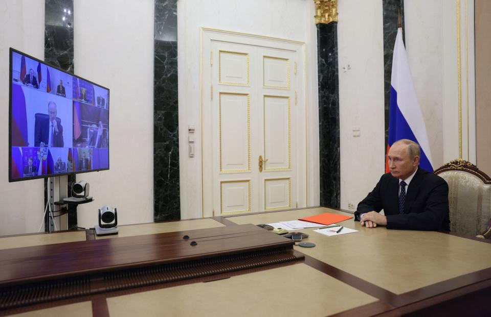 Russian President Vladimir Putin chairs a Security Council meeting via a video link in Moscow on September 23, 2022. (Photo by Gavriil GRIGOROV / SPUTNIK / AFP) (Photo by GAVRIIL GRIGOROV/SPUTNIK/AFP via Getty Images)