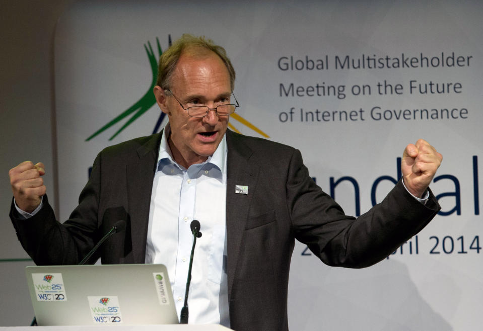 British computer scientist Tim Berners-Lee addresses the opening ceremony of NETmundial, a major conference on the future of Internet governance in Sao Paulo, Brazil, Wednesday, April 23, 2014. Brazil has cast itself as a defender of Internet freedom following revelations last year that Brazil's President Dilma Rousseff was the object of surveillance by the United States' National Security Agency. (AP Photo/Andre Penner)