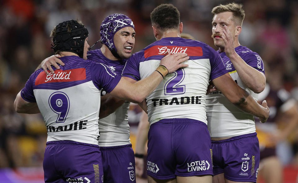 Melbourne Storm players during their win over the Broncos.