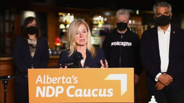 Alberta NDP Leader Rachel Notley says bigger venues are 'desperately searching' for additional staff to check patrons for proof of vaccination or negative COVID-19 test. The new rules go into effect Monday. (screenshot/Alberta NDP - image credit)