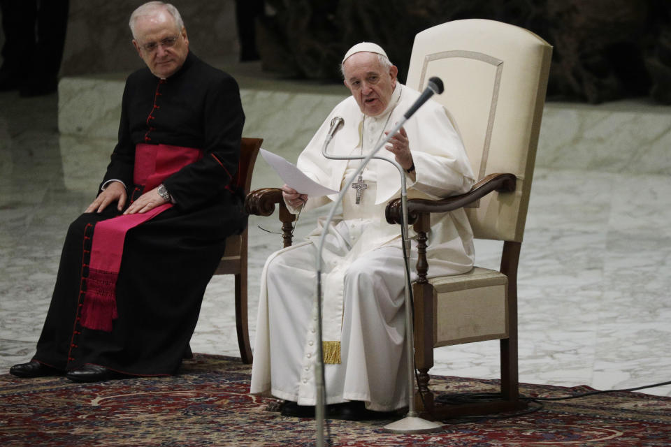 Pope Francis delivers his message on the occasion of the weekly general audience in the Paul VI hall at the Vatican, Wednesday, Oct. 21, 2020. (AP Photo/Gregorio Borgia)