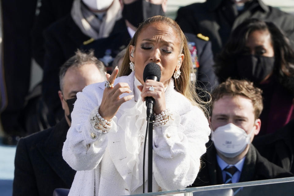 Jennifer Lopez sings during the 59th Presidential Inauguration at the U.S. Capitol in Washington, Wednesday, Jan. 20, 2021. (AP Photo/Patrick Semansky, Pool)