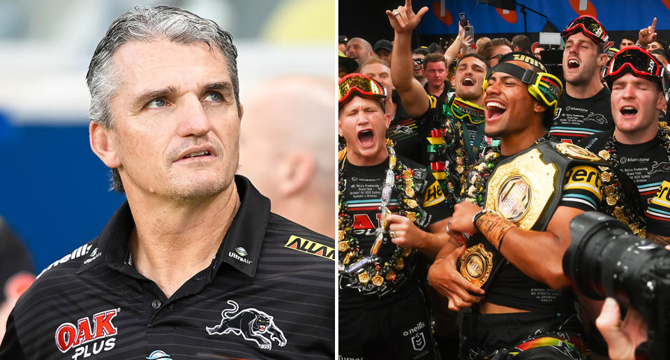 Pictured left Ivan Cleary and right Stephen Crighton with Panthers teammates celebrating 2023 NRL Grand Final win