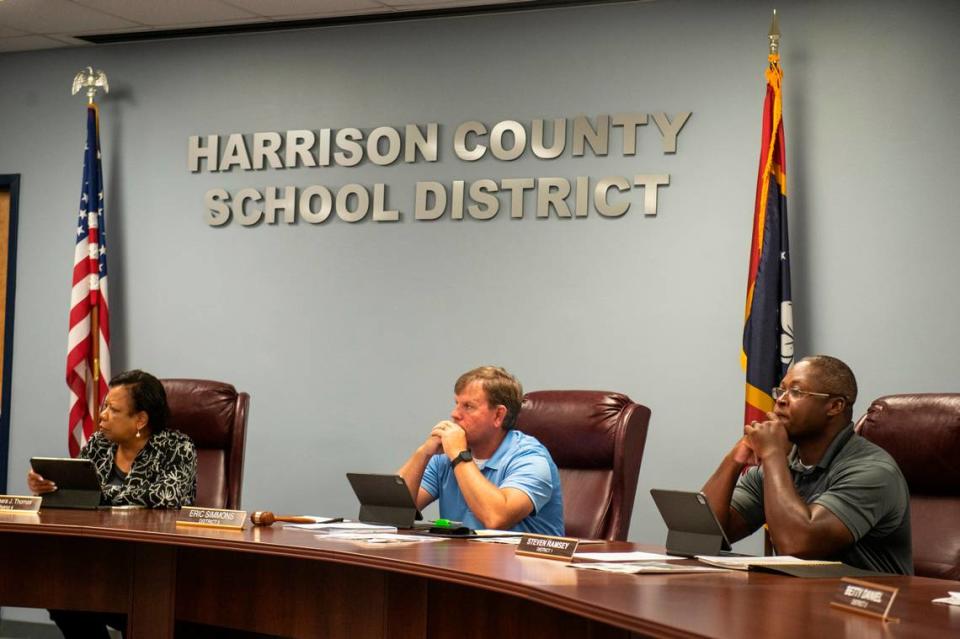 Members of the Harrison County School Board listen as members of LGBTQ advocacy groups ask the school board to change their dress code for graduation after L.B., a transgender student, and a few other students were unable to walk in graduation to due the school’s dress code during a Harrison County School Board meeting at the Central Office in Gulfport on Monday, June 5, 2023.