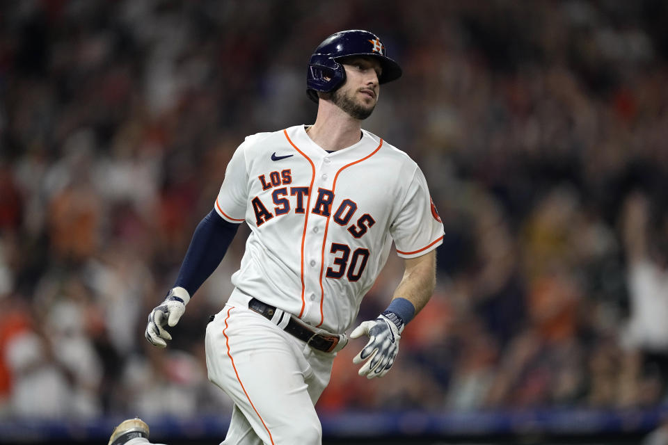Houston Astros' Kyle Tucker runs up the first base line after hitting an RBI double against the Kansas City Royals during the eighth inning of a baseball game Saturday, Sept. 23, 2023, in Houston. (AP Photo/David J. Phillip)