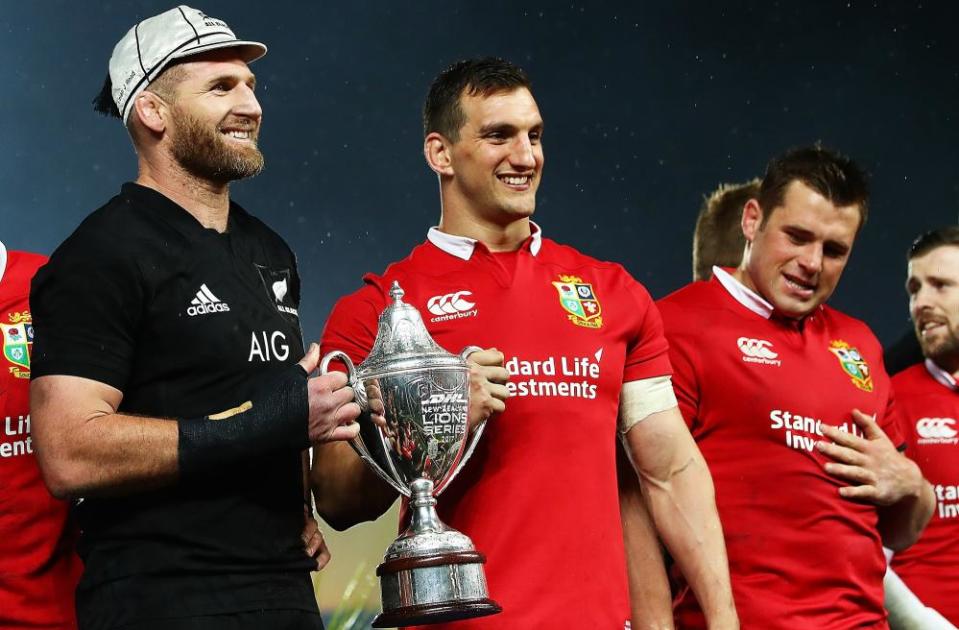 Captains Kieran Read and Sam Warburton with the trophy after the Lions’ tied series in New Zealand in 2017.