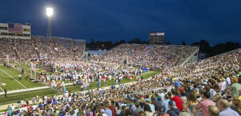 Republican presidential candidate Donald Trump speaks during a rally at Ladd-Peebles Stadium in Mobile, Alabama, on August 21, 2015