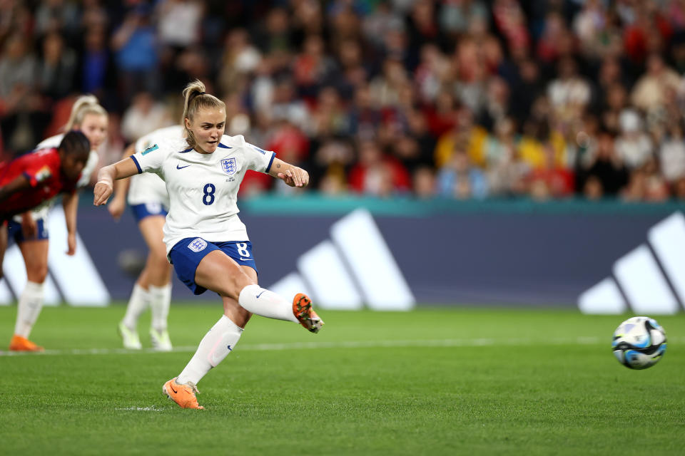 BRISBANE, AUSTRALIA - JULY 22: Georgia Stanway of England scores her team's first goal from the penalty spot during the FIFA Women's World Cup Australia & New Zealand 2023 Group D match between England and Haiti at Brisbane Stadium on July 22, 2023 in Brisbane, Australia. (Photo by Naomi Baker - The FA/The FA via Getty Images)