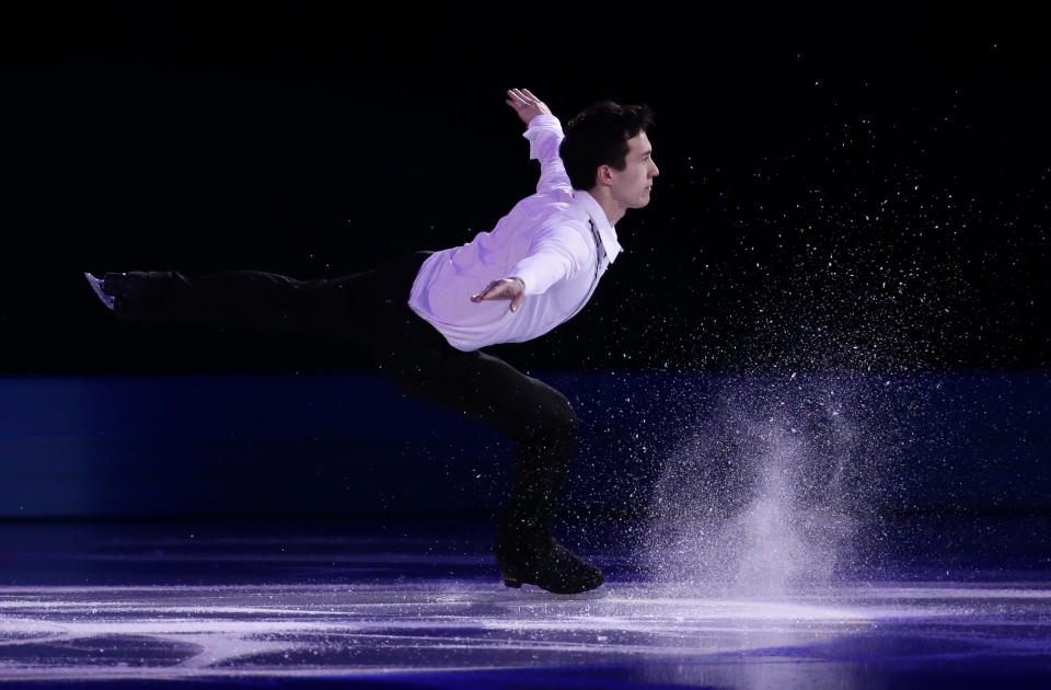 Patrick Chan of Canada performs during the figure skating exhibition gala at the Iceberg Skating Palace during the 2014 Winter Olympics, Saturday, Feb. 22, 2014, in Sochi, Russia. (AP Photo/Bernat Armangue)