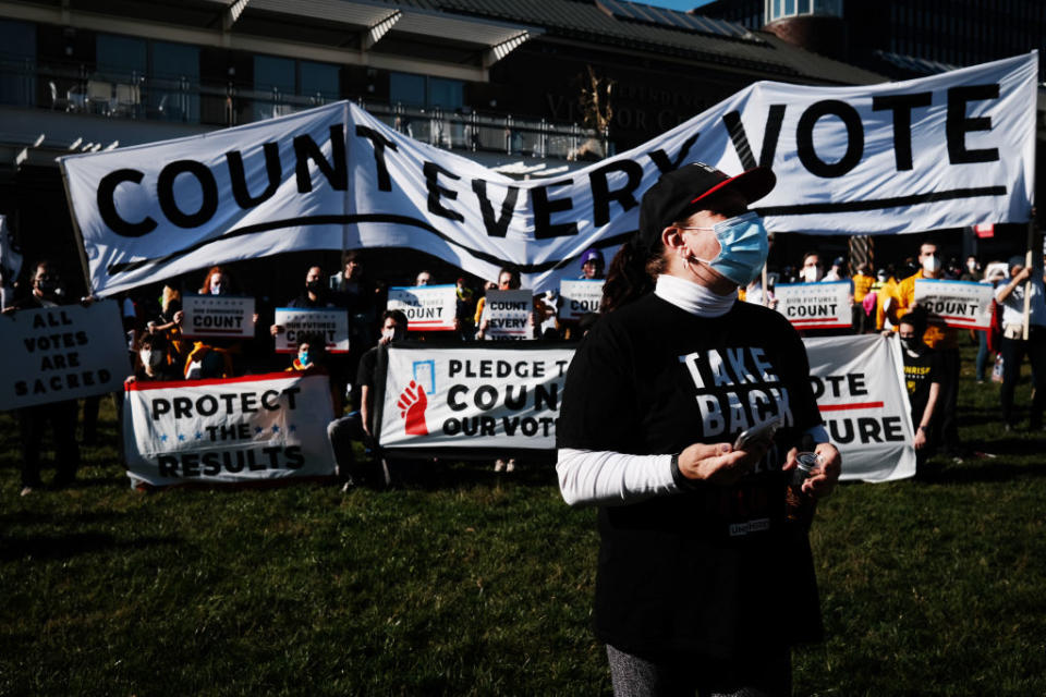 People participate in a protest in support of counting all votes as the election in Pennsylvania is still unresolved in Philadelphia, Pennsylvania. 