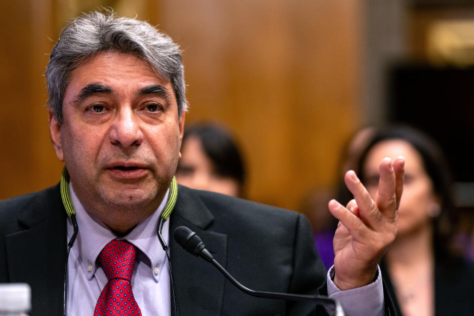 WASHINGTON, DC - APRIL 17: Witness Boeing engineer Sam Salehpour gestures while testifying before a Senate Homeland Security and Governmental Affairs subcommittee on investigations hearing titled 