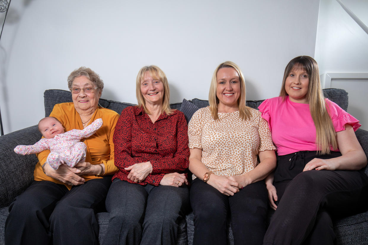 Fiver generations of women: Pictured: [L-R] great, great grandma Margaret Newsome, 83, holding Gracie May; great grandma Karen Wilcock, 63; Grandma, Rebecca Williams, 42; and mum Eleanor Arundel, 23. (Caters)