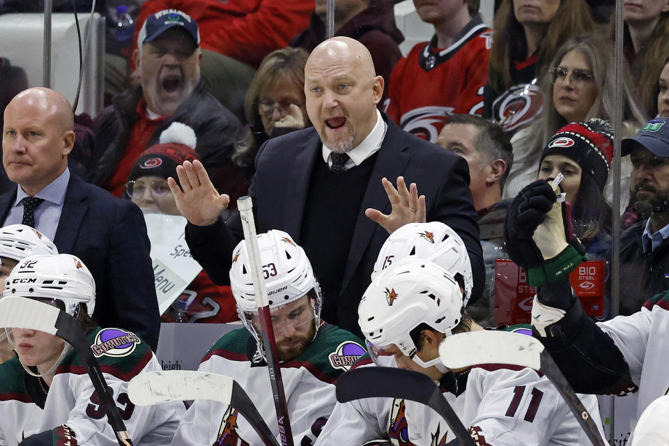 Arizona Coyotes coach Andre Tourigny, center, questions a call during the second period of the team's NHL hockey game against the Carolina Hurricanes on Saturday, Jan. 27, 2024, in Raleigh, N.C. (AP Photo/Karl B DeBlaker)