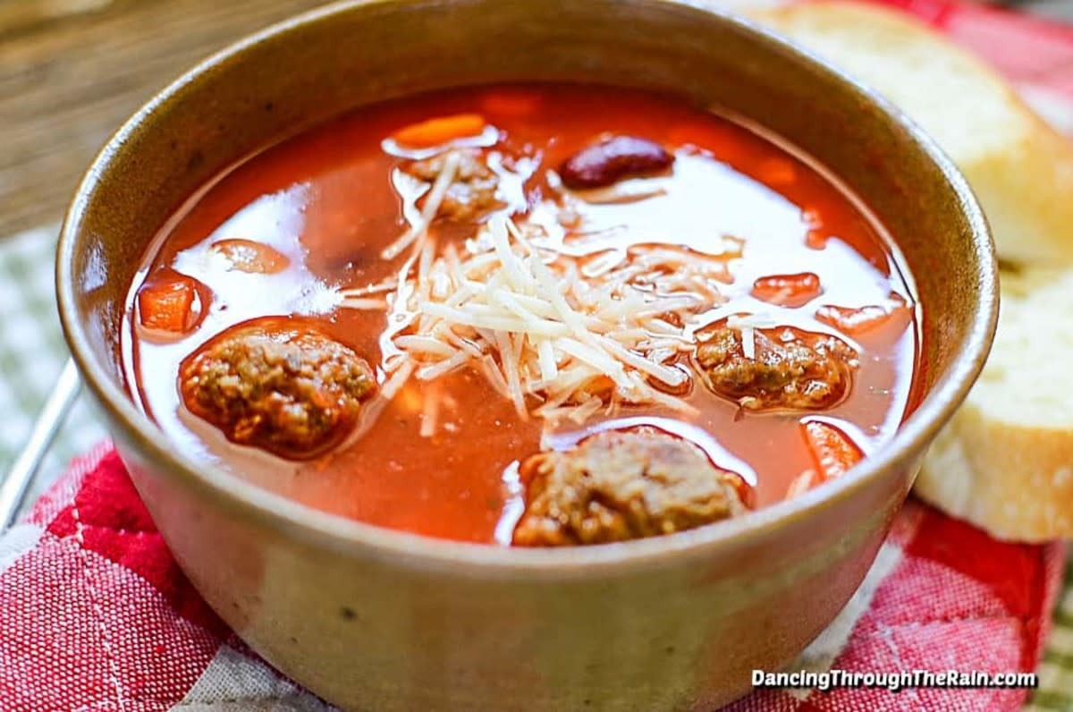 <p>Dancing Through the Rain</p><p>This soup recipe proves that meatballs can be enjoyed so many different ways.</p><p><strong>Get the Recipe: <a href="https://dancingthroughtherain.com/slow-cooker-meatball-soup/" rel="nofollow noopener" target="_blank" data-ylk="slk:Crock Pot Meatball Soup;elm:context_link;itc:0;sec:content-canvas" class="link rapid-noclick-resp">Crock Pot Meatball Soup</a></strong></p>