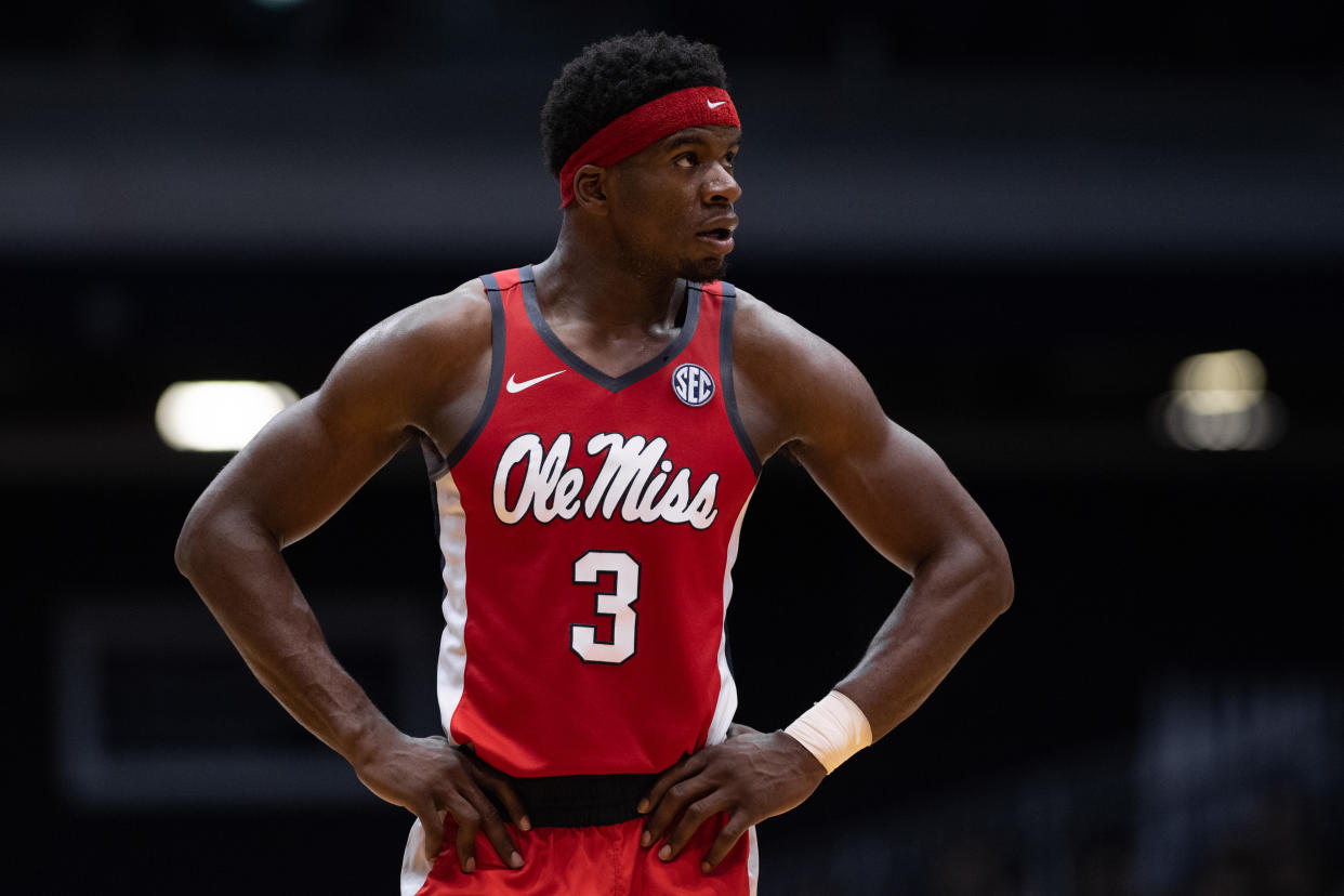 INDIANAPOLIS, IN - NOVEMBER 16: Ole Miss Rebels guard Terence Davis (3) waits on the court during a free throw during the men's college basketball game between the Butler Bulldogs and Ole Miss Rebels on November 16, 2018, at Hinkle Fieldhouse in Indianapolis, IN. (Photo by Zach Bolinger/Icon Sportswire via Getty Images)