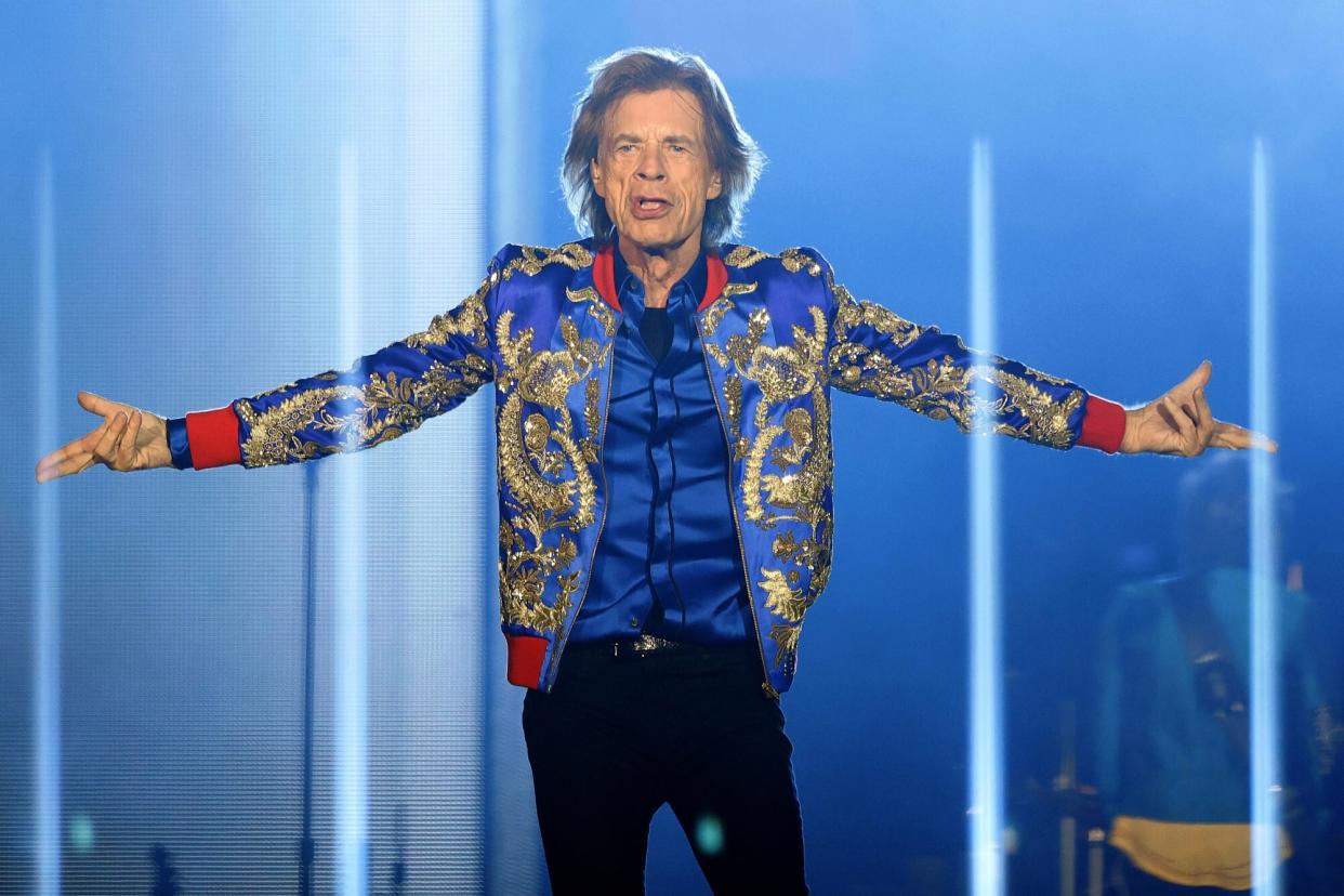 LAS VEGAS, NEVADA - NOVEMBER 06: Singer Mick Jagger of The Rolling Stones performs during a stop of the band's No Filter tour at Allegiant Stadium on November 6, 2021 in Las Vegas, Nevada. (Photo by Ethan Miller/Getty Images)