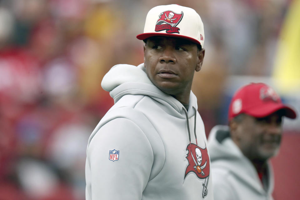 FILE - Tampa Bay Buccaneers offensive coordinator Byron Leftwich walks on the field during an NFL football game, Sunday, Dec.11, 2022, in Santa Clara, Calif. Byron Leftwich has been fired as offensive coordinator of the Tampa Bay Buccaneers, a person with knowledge of the dismissal told the Associated Press on Thursday, Jan. 19, 2023.(AP Photo/Scot Tucker)