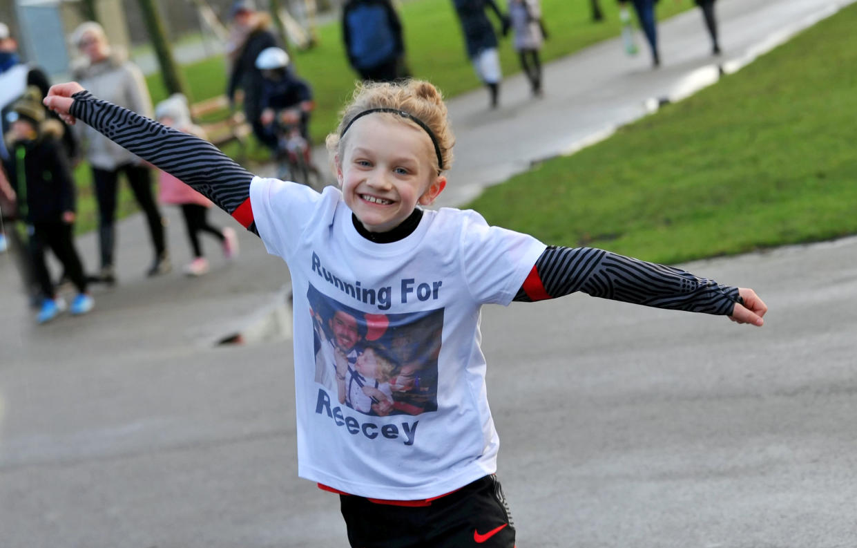 Jordan Banks (9) pictured on January 16, 2021 in Blackpool, celebrating running over 30 miles in 10 days to celebrate what would have been the 30th birthday of his uncle Reece Begg, who killed himself two years ago.  See SWNS story SWLElightning.  Tributes have been paid to a nine-year-old boy who died after being struck by lightning during a football coaching session.  The child, who has been named locally as Jordan Banks, was injured when a thunderstorm hit as he was on a playing field in Blackpool on Tuesday evening.  Flowers and messages of condolence have been left at the scene.  Jordan played for Clifton Rangers Junior Football Club, who described him as 