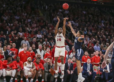 Feb 17, 2019; New York, NY, USA; St. JohnÃ•s Red Storm guard Mustapha Heron (14) takes a three point shot in the second half against the Villanova Wildcats at Madison Square Garden. Mandatory Credit: Wendell Cruz-USA TODAY Sports