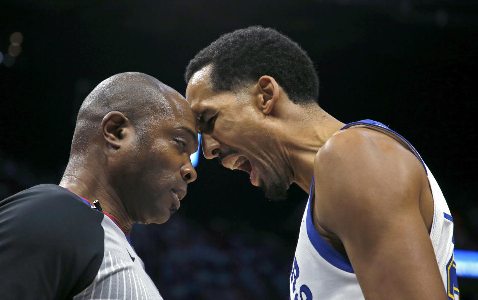 Warriors guard Shaun Livingston (34) argues a call with referee Courtney Kirkland before Livingston was called for a technical foul and was ejected on Sunday night. (AP)