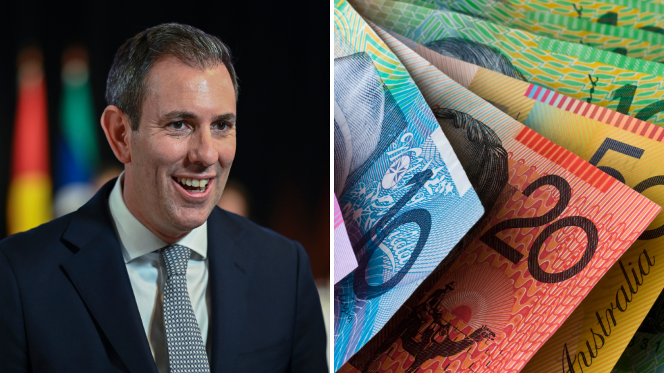 A composite image of Treasurer Jim Chalmers smiling and Australian cash to represent superannuation savings.