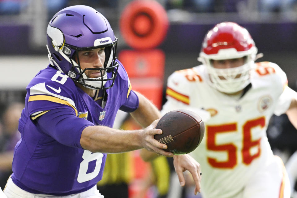 Kirk Cousins and the Vikings are trying to rally past the Chiefs in NFL Week 5. (Photo by Stephen Maturen/Getty Images)