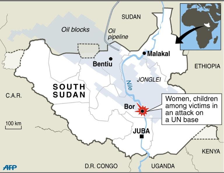 Map locating Bor, where dozens died in an attack on a UN base