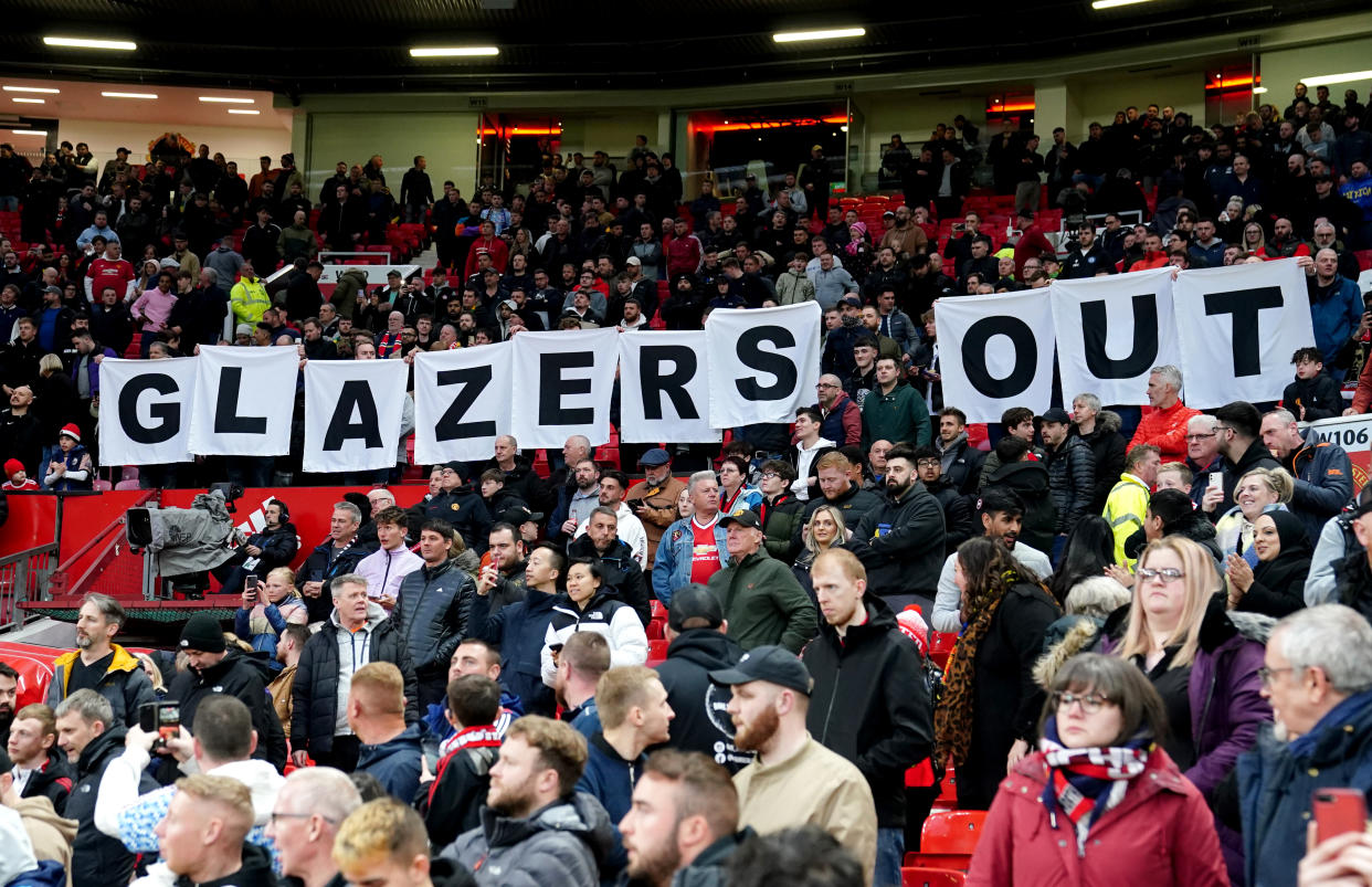Manchester United fans protest against the Glazer family, ahead of the Premier League match at Old Trafford, Manchester. Picture date: Thursday April 28, 2022. (Photo by Martin Rickett/PA Images via Getty Images)