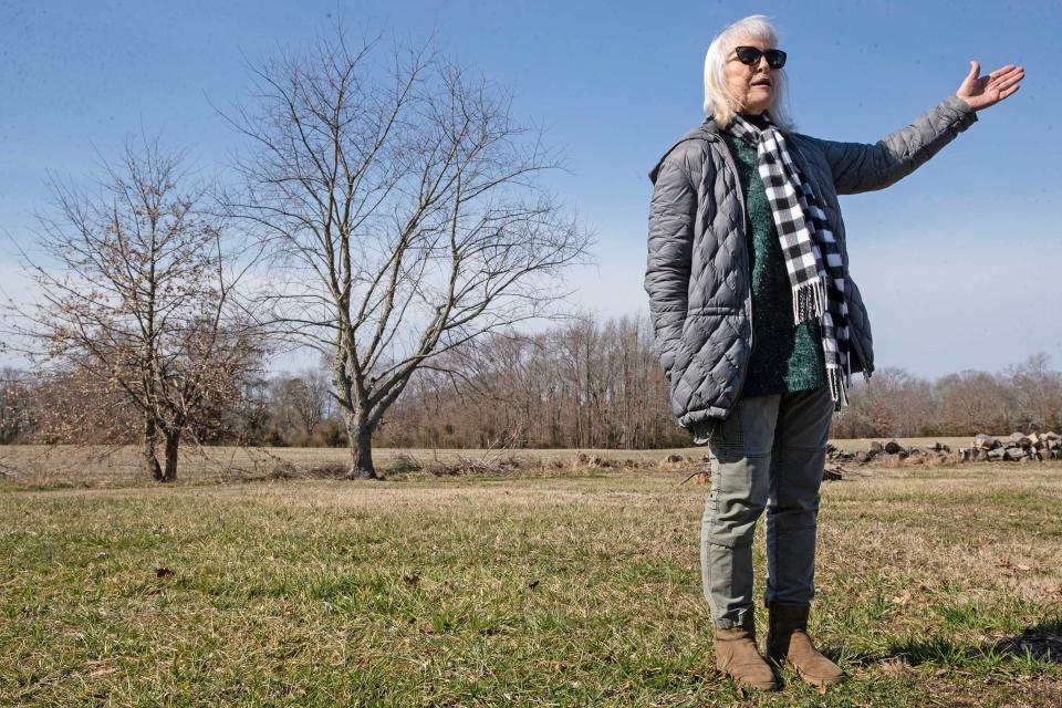 Annette Billings speaks from a segment of her 8 acres of land near Milford, Thursday, Feb. 22, 2024. Billings was facing an eminent domain case for her land that has been vacated.