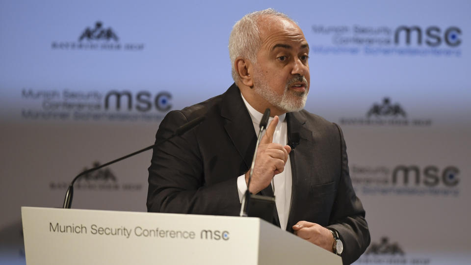 Iranian Foreign Minister Mohammad Javad Zarif speaks during the Munich Security Conference in Munich, Germany, Sunday, Feb. 17, 2019. (AP Photo/Kerstin Joensson)