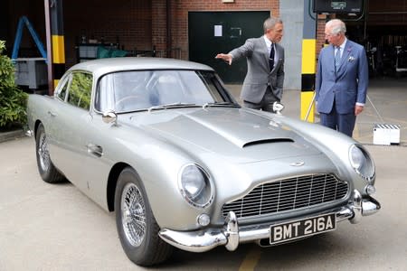 Britain's Prince Charles visits the set of James Bond at Pinewood Studios