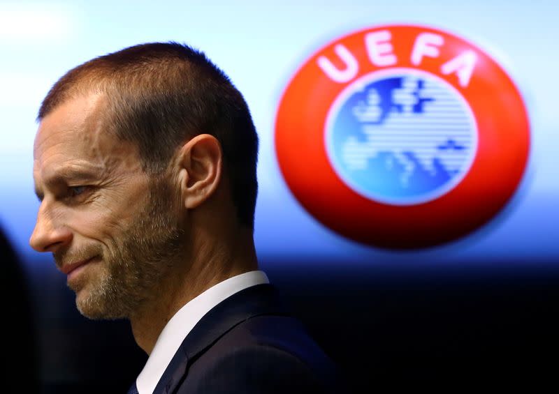 FILE PHOTO: UEFA president Aleksander Ceferin arrives at a news conference in Stara Pazova, Serbia