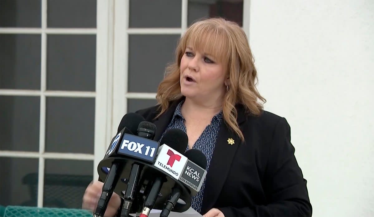 San Bernardino County Sheriff’s spokesperson, Mara Rodriguez giving an update after six people were found dead in a remote area of the Mojave desert last week  (AP)