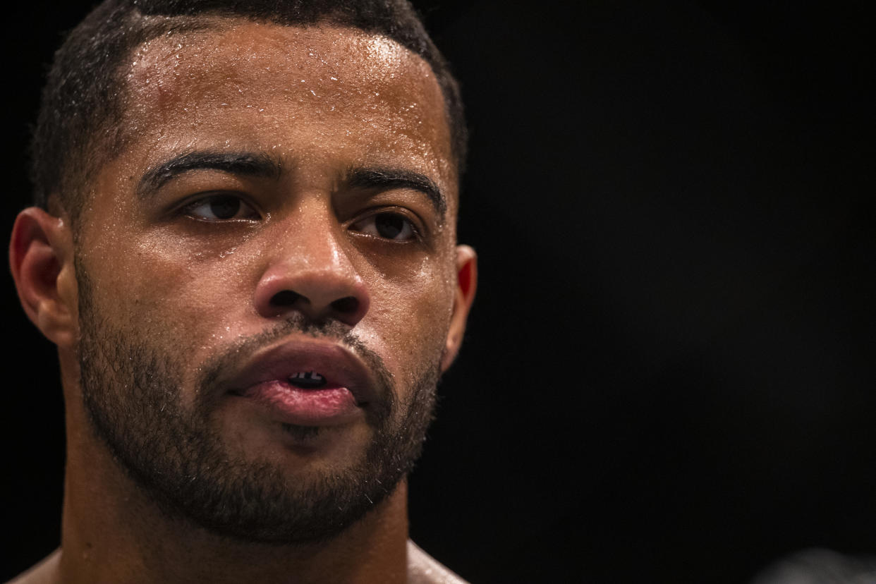 ROCHESTER, NY - MAY 18:  Trevin Giles stands in the octagon during round three of a middleweight bout against Zak Cummings at Blue Cross Arena on May 18, 2019 in Rochester, New York. Cummings defeats Giles via third-round submission. (Photo by Brett Carlsen/Getty Images)