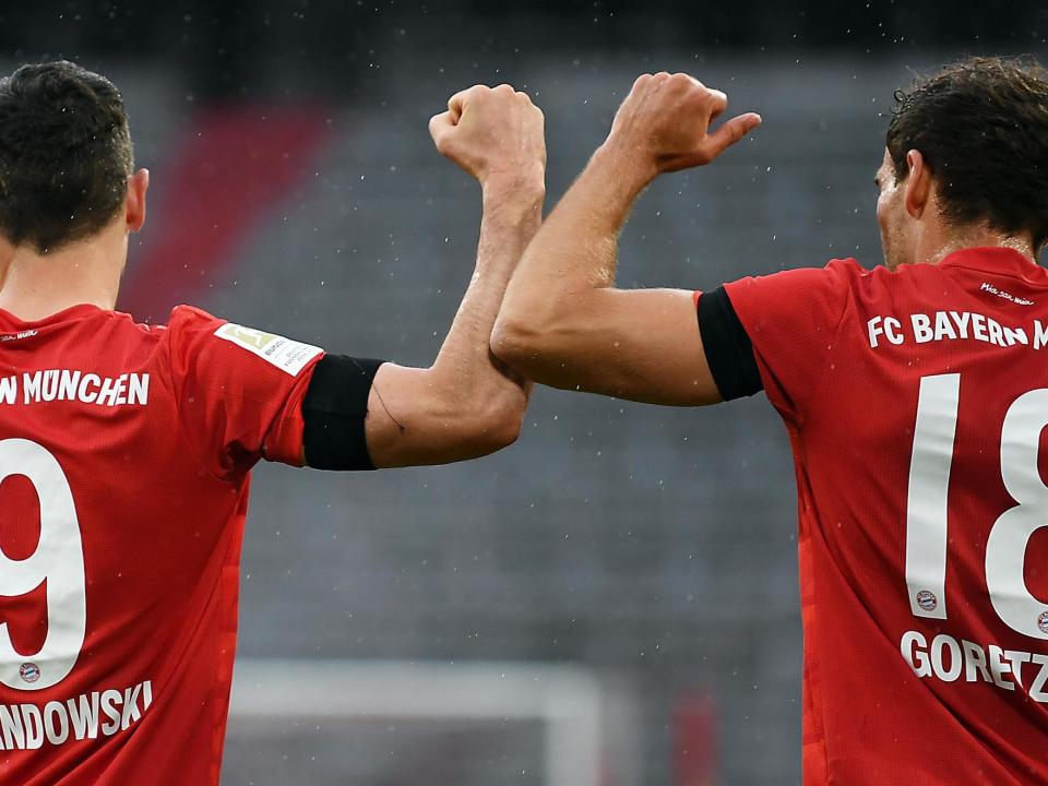 Bayern Munich's Leon Goretzka (R) celebrates with teammate Robert Lewandowski: EPA