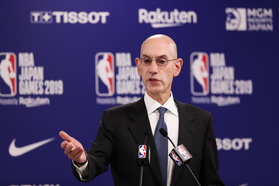 SAITAMA, JAPAN - OCTOBER 08: Commissioner of the National Basketball Association (NBA) Adam Silver speaks during a press conference prior to the preseason game between Houston Rockets and Toronto Raptors at Saitama Super Arena on October 08, 2019 in Saitama, Japan. (Photo by Takashi Aoyama/Getty Images)