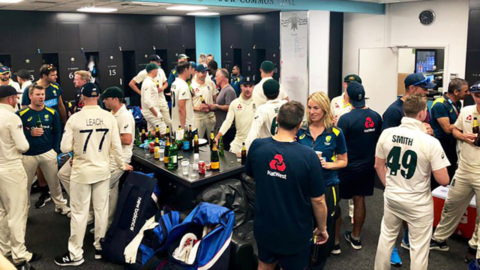 The English and Australian Test teams, pictured sharing a drink after the Fifth Test, were praised for their sportsmanship after the conclusion of the Ashes.