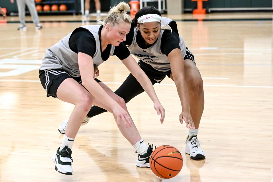 Michigan State's Theryn Hallock, left, and Taiyier Parks go after the ball during practice on Wednesday, Sept. 28, 2022, at the Breslin Center in East Lansing.