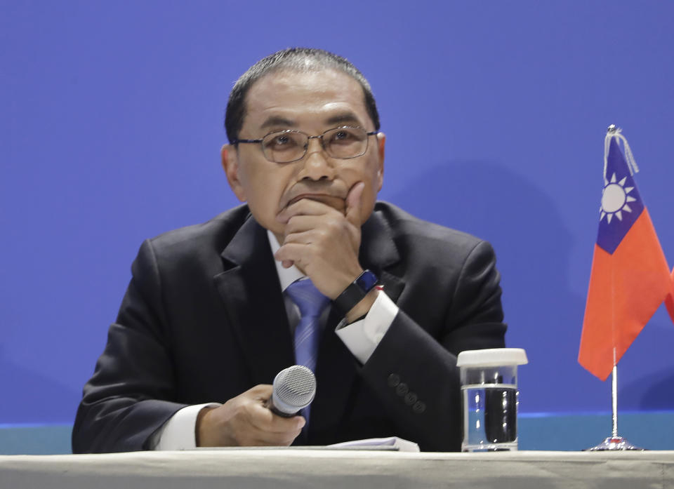 Taiwan's Nationalist Party presidential candidate Hou Yu-ih listens to a question during an international press conference in New Taipei, Taiwan, Thursday, Jan. 11, 2024. Taiwan will hold its presidential election on Jan. 13. (AP Photo/Chiang Ying-ying)