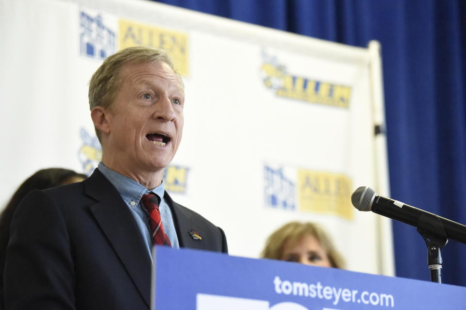 Democratic presidential candidate Tom Steyer speaks during a news conference introducing his campaign plan for historically black colleges and universities on Tuesday, Dec. 10, 2019, at Allen University in Columbia, S.C. (AP Photo/Meg Kinnard)